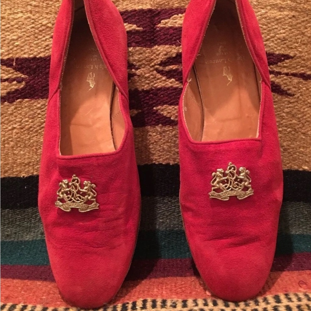 RALPH LAUREN Collection Red Suede Tuxedo Flat Classic Lion Crest 8.5M Italy Rare - Picture 2 of 11